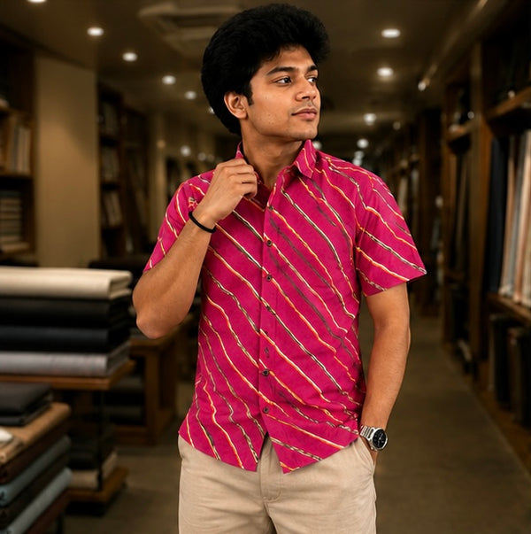 Men's Magenta Pink Diagonal Striped Cotton Casual Shirt