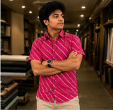 Men's Magenta Pink Diagonal Striped Cotton Casual Shirt