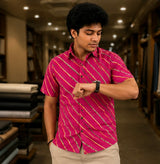 Men's Magenta Pink Diagonal Striped Cotton Casual Shirt