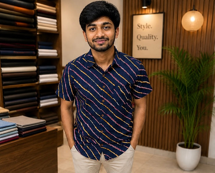 Men's Navy Blue Diagonal Striped Cotton Casual Shirt