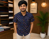 Men's Navy Blue Diagonal Striped Cotton Casual Shirt