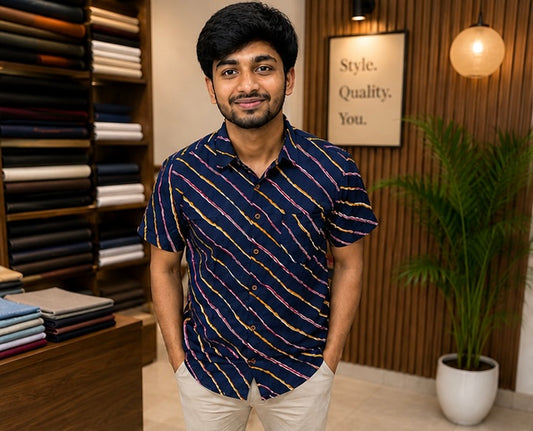 Men's Navy Blue Diagonal Striped Cotton Casual Shirt