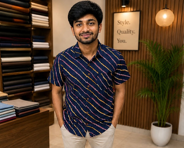 Men's Navy Blue Diagonal Striped Cotton Casual Shirt