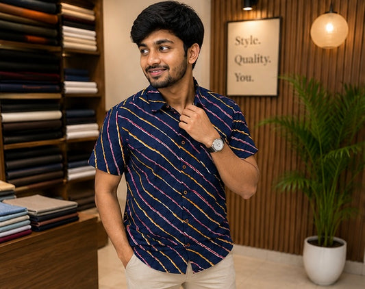 Men's Navy Blue Diagonal Striped Cotton Casual Shirt