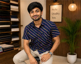 Men's Navy Blue Diagonal Striped Cotton Casual Shirt