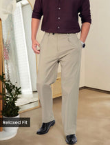 Men's Relaxed Fit Flat Front Pleated Trousers in Beige
