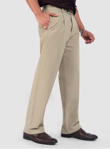 Men's Relaxed Fit Flat Front Pleated Trousers in Beige