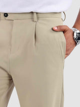 Men's Relaxed Fit Flat Front Pleated Trousers in Beige
