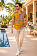 Men's Mustard Yellow Elephant Print Casual Shirt