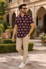 Men's Wine Elephant Print Short Sleeve Casual Shirt