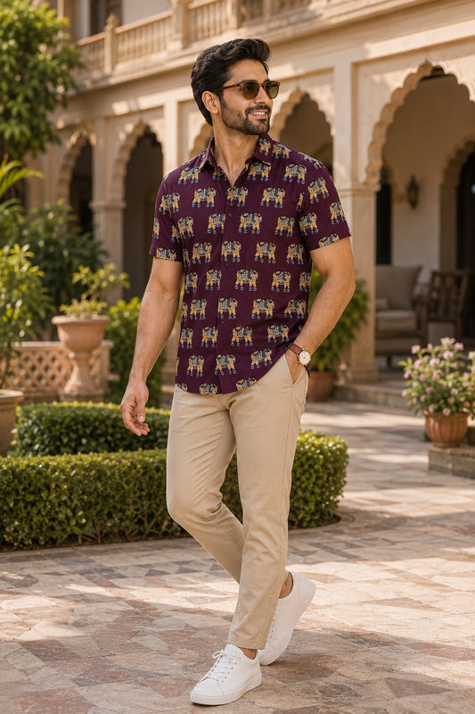 Men's Wine Elephant Print Short Sleeve Casual Shirt