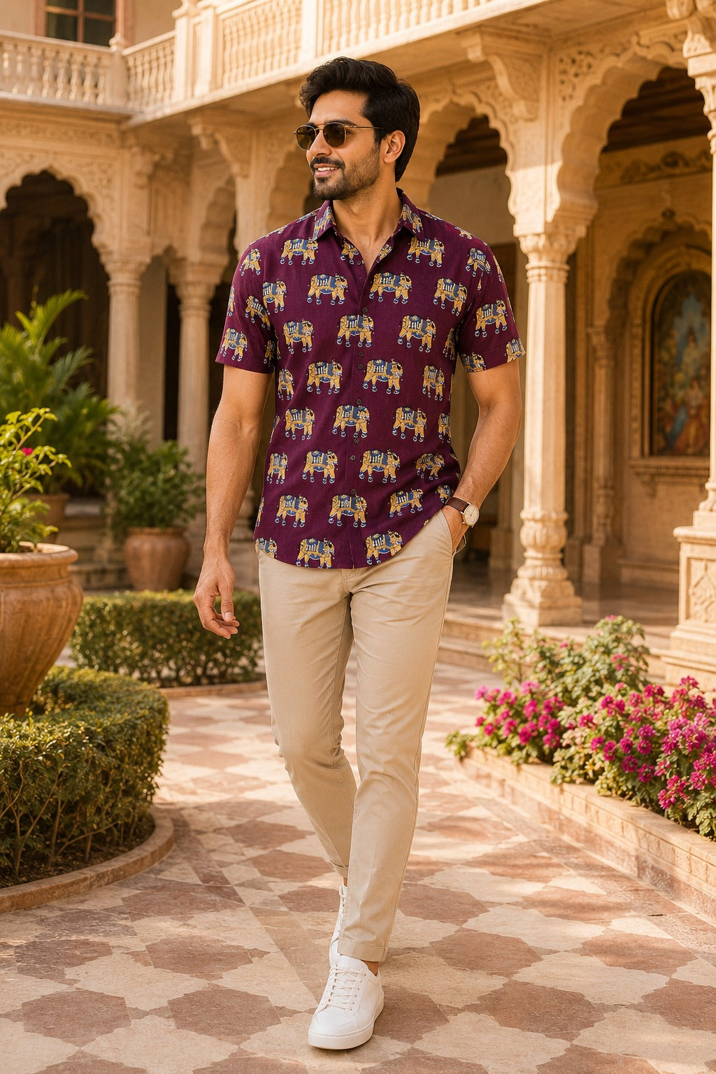 Men's Wine Elephant Print Short Sleeve Casual Shirt