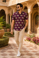 Men's Wine Elephant Print Short Sleeve Casual Shirt