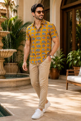 Men's Mustard Yellow Elephant Print Casual Shirt