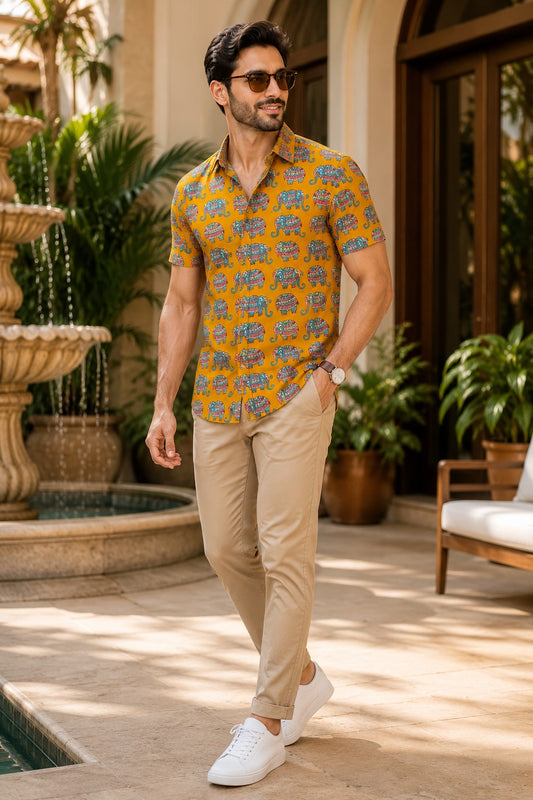 Men's Mustard Yellow Elephant Print Casual Shirt