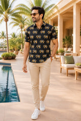 Men's Black Elephant Print Short Sleeve Casual Shirt