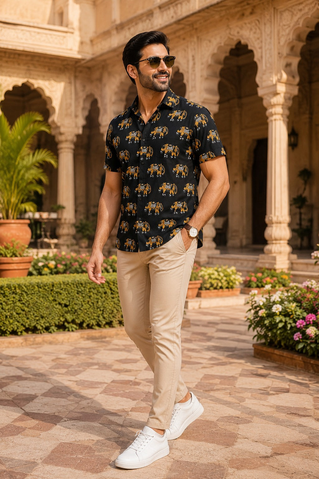 Men's Black Elephant Print Short Sleeve Casual Shirt