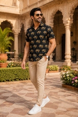 Men's Black Elephant Print Short Sleeve Casual Shirt