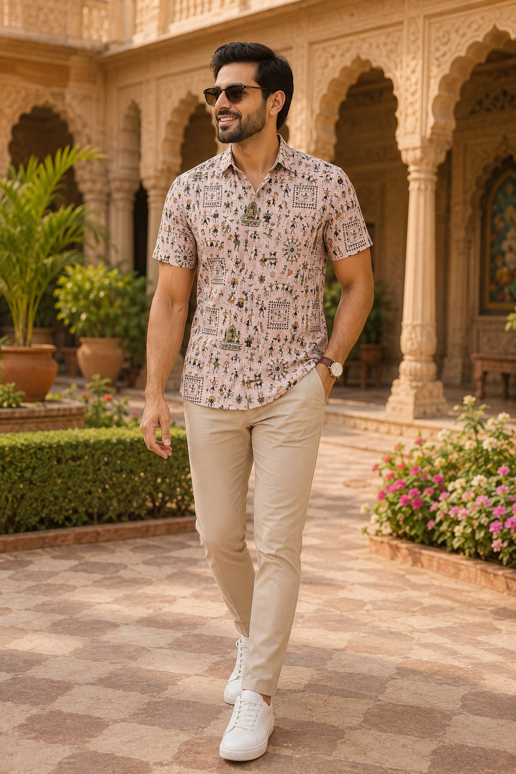 Men's Pink Traditional Folk Art Print Casual Shirt