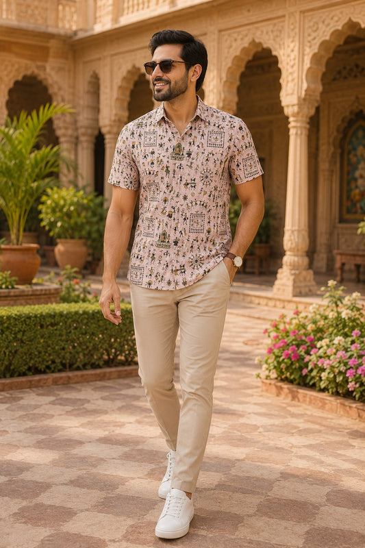 Men's Pink Traditional Folk Art Print Casual Shirt