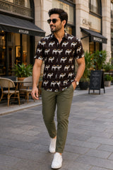 Men's Brown Camel Print Short Sleeve Casual Shirt
