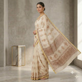 Off-White & Rust Brown Medallion Motif Kota Doria Saree