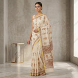 Off-White & Rust Brown Medallion Motif Kota Doria Saree