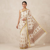 Off-White & Rust Brown Medallion Motif Kota Doria Saree