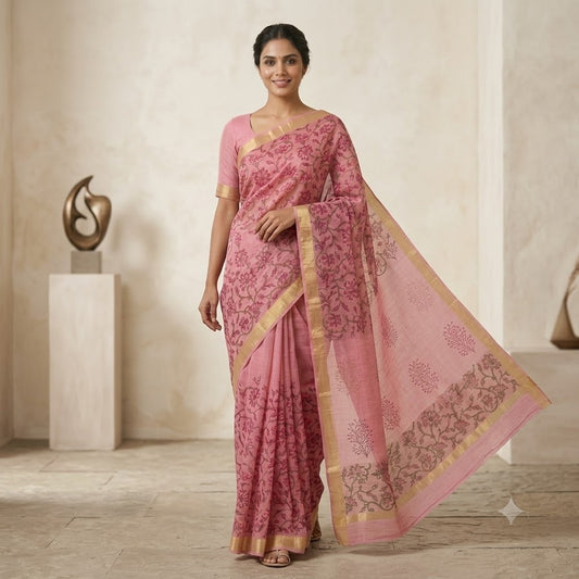 Pastel Pink All-Over Floral Booti Kota Doria Saree