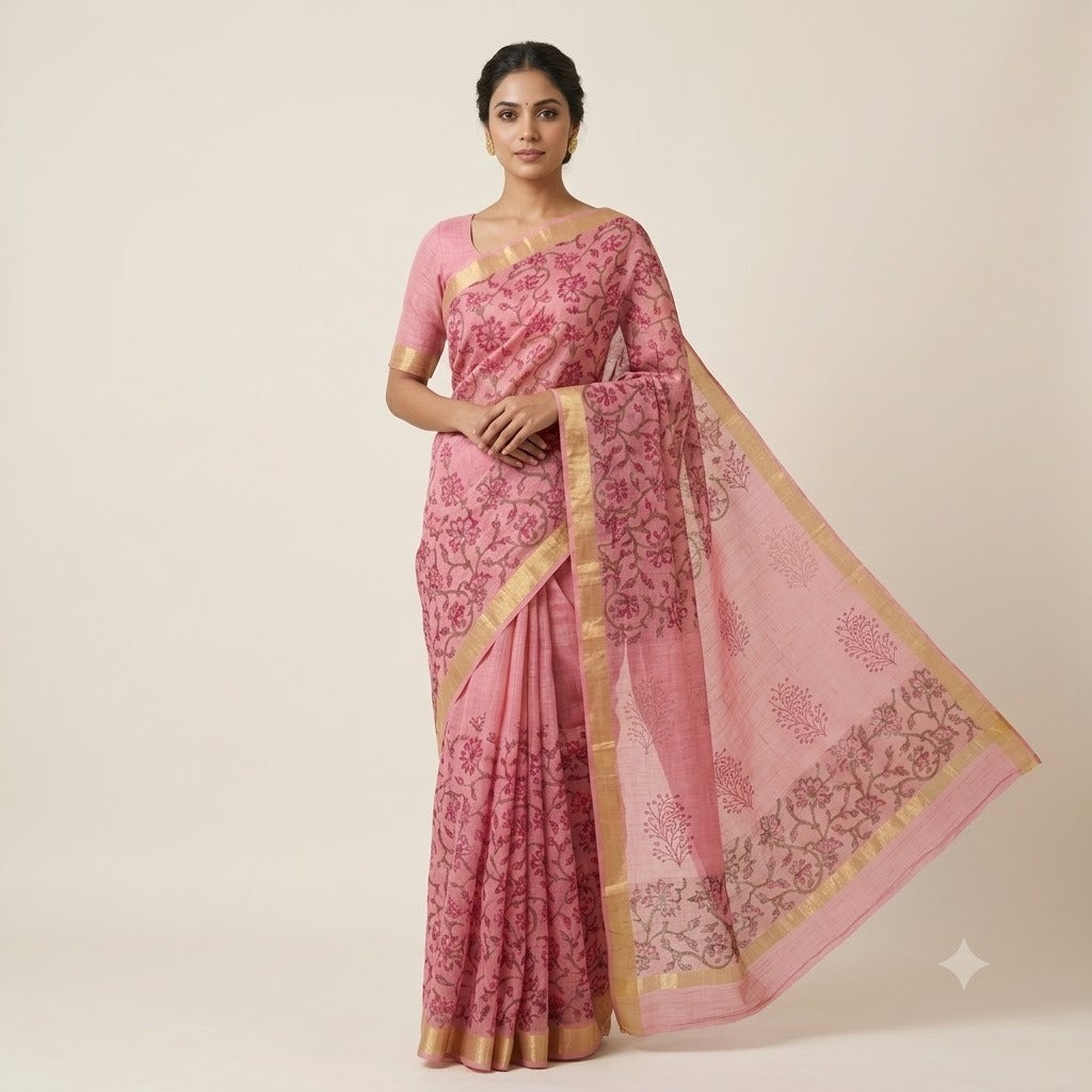 Pastel Pink All-Over Floral Booti Kota Doria Saree