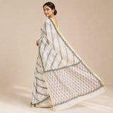Off-White & Olive Green Diagonal Vine Kota Doria Saree