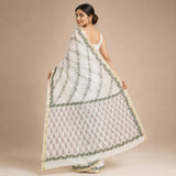 Off-White & Olive Green Diagonal Vine Kota Doria Saree