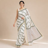 Off-White & Olive Green Diagonal Vine Kota Doria Saree
