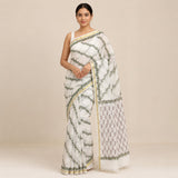 Off-White & Olive Green Diagonal Vine Kota Doria Saree