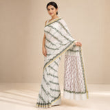 Off-White & Olive Green Diagonal Vine Kota Doria Saree