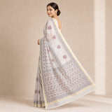Off-White & Mauve Floral Block Print Kota Doria Saree