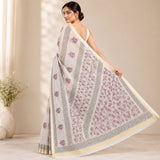 Off-White & Mauve Floral Block Print Kota Doria Saree