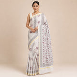 Off-White & Mauve Floral Block Print Kota Doria Saree