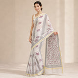 Off-White & Mauve Floral Block Print Kota Doria Saree