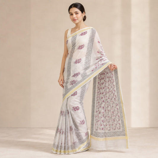 Off-White & Mauve Floral Block Print Kota Doria Saree