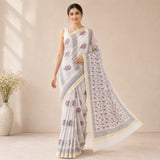 Off-White & Mauve Floral Block Print Kota Doria Saree