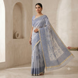 Pastel Blue Handloom Kota Doriya Saree with Navy Blue Floral Print
