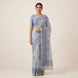 Pastel Blue Handloom Kota Doriya Saree with Navy Blue Floral Print