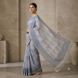 Pastel Blue Handloom Kota Doriya Saree with Navy Blue Floral Print