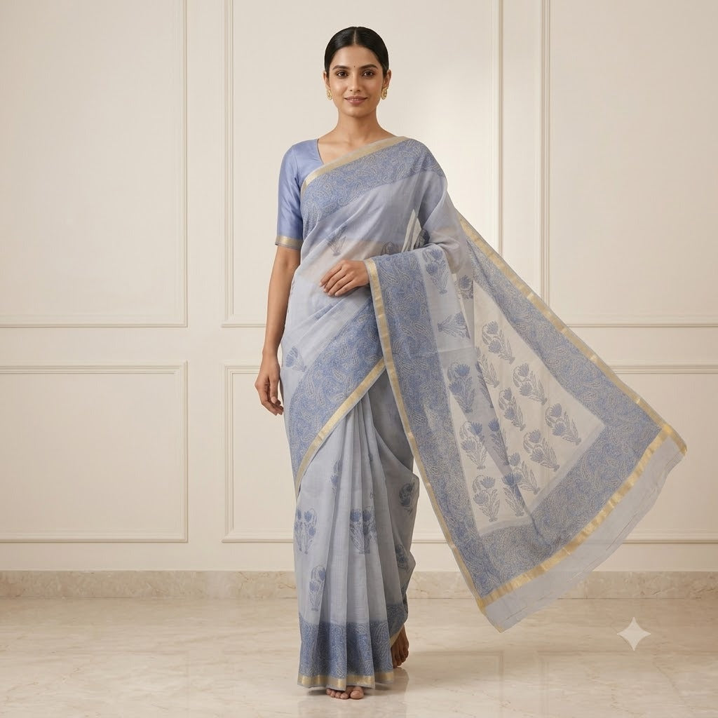 Pastel Blue Handloom Kota Doriya Saree with Navy Blue Floral Print
