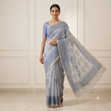 Pastel Blue Handloom Kota Doriya Saree with Navy Blue Floral Print