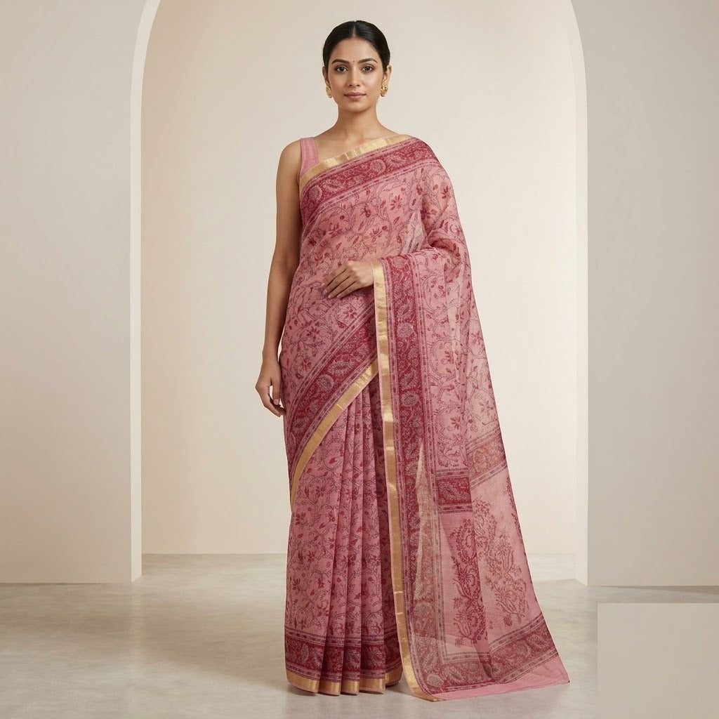 Dusty Pink Handloom Kota Doriya Saree with Maroon Floral Print