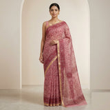 Dusty Pink Handloom Kota Doriya Saree with Maroon Floral Print