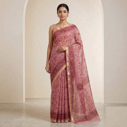 Dusty Pink Handloom Kota Doriya Saree with Maroon Floral Print