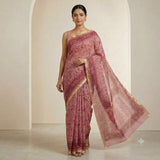 Dusty Pink Handloom Kota Doriya Saree with Maroon Floral Print